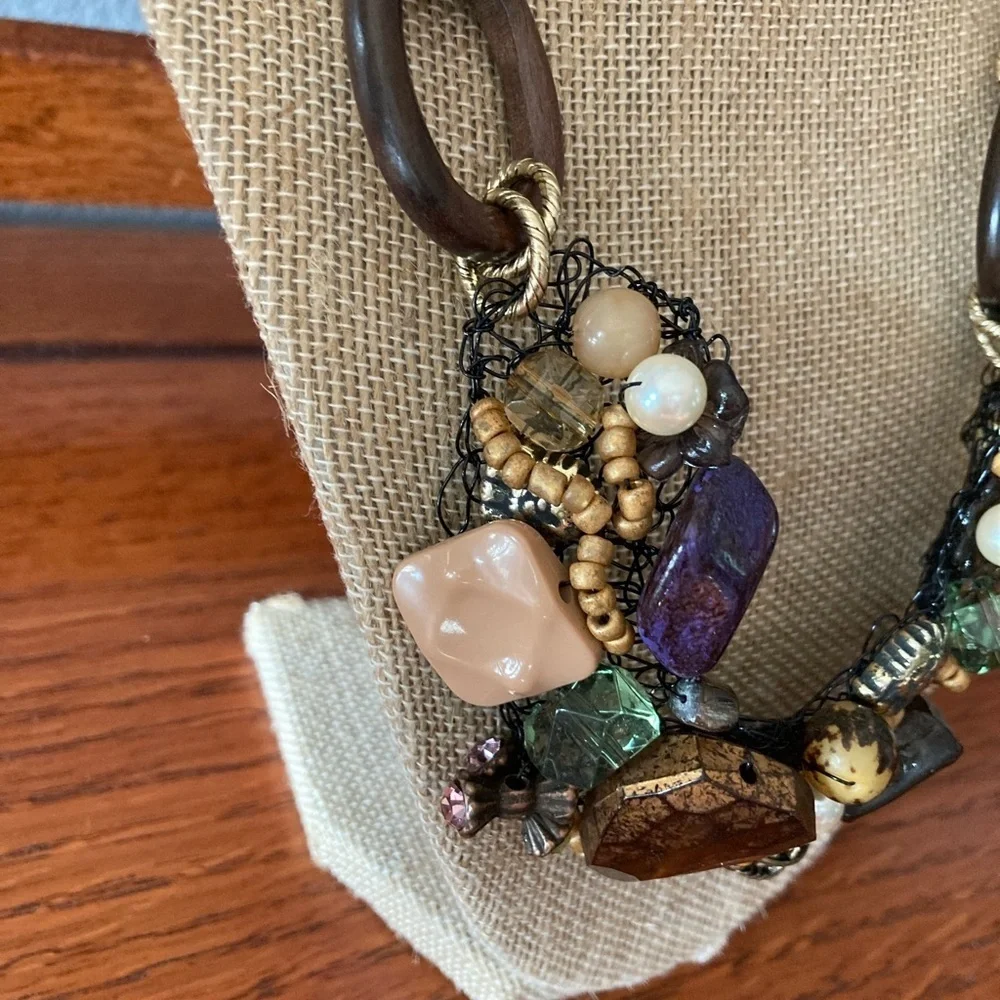 Handcrafted Vintage Boho Made in Italy Wire Wrap Necklace Stones Metal